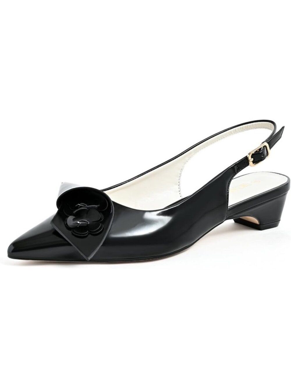 Women's Black Comfortable Slingback Low Chunky Heels Flower Ankle Strap Sandals